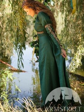 Medieval Renaissance Princess Maxi Dress Forest Green Flax Linen Corset Lace